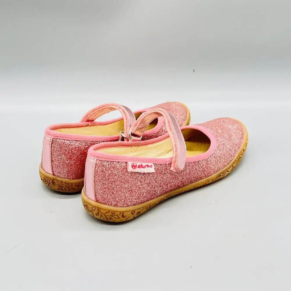 Naturino Shoes Girls 13 Pink Glitter Mary Jane Hook & Loop Strap Flats Casual